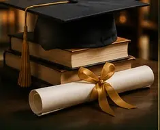 Graduation cap, books, diploma, and gold ribbon