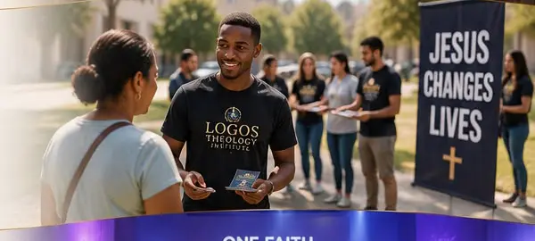 Student sharing the Gospel during a community outreach